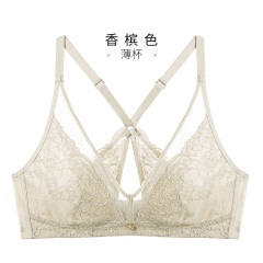 11千奈美美背文胸聚拢无钢圈内衣女薄款无海绵超薄蕾丝性感交叉美背