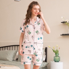 13红豆居家服女士睡衣纯棉清新印花短袖家居服女式全棉套装经典翻领