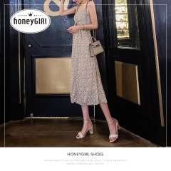 31honeyGIRL甜粉2020夏季新款珍珠凉鞋网红粗跟韩版一字带高跟鞋女