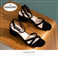 31【福利】honeyGIRL2020春季新款一字带凉鞋女细带粗跟女鞋仙女鞋