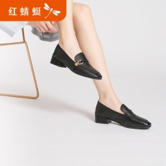 33红蜻蜓乐福鞋女2020新款春季真皮方头韩版休闲女鞋子粗跟单鞋低跟