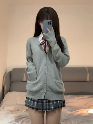jk制服毛衣开衫外套女秋冬日系学院风制服校供感深灰色针织衫上衣lm1012
