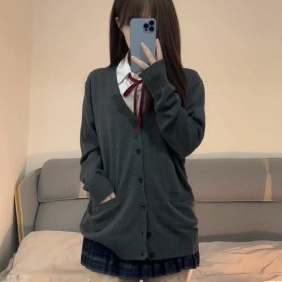 jk制服毛衣开衫外套女秋冬日系学院风制服校供感深灰色针织衫上衣lm1012